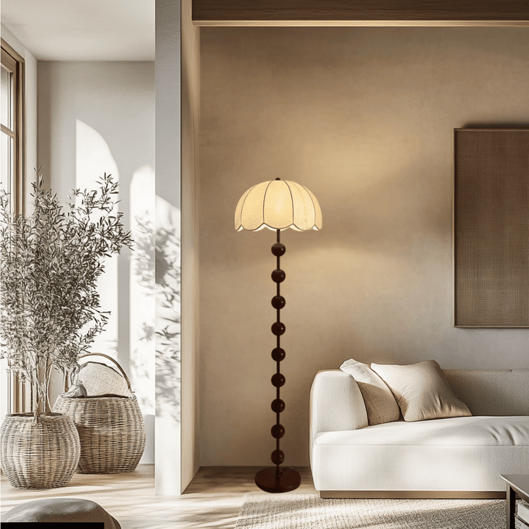 Floor lamp with wooden stylish base in living room