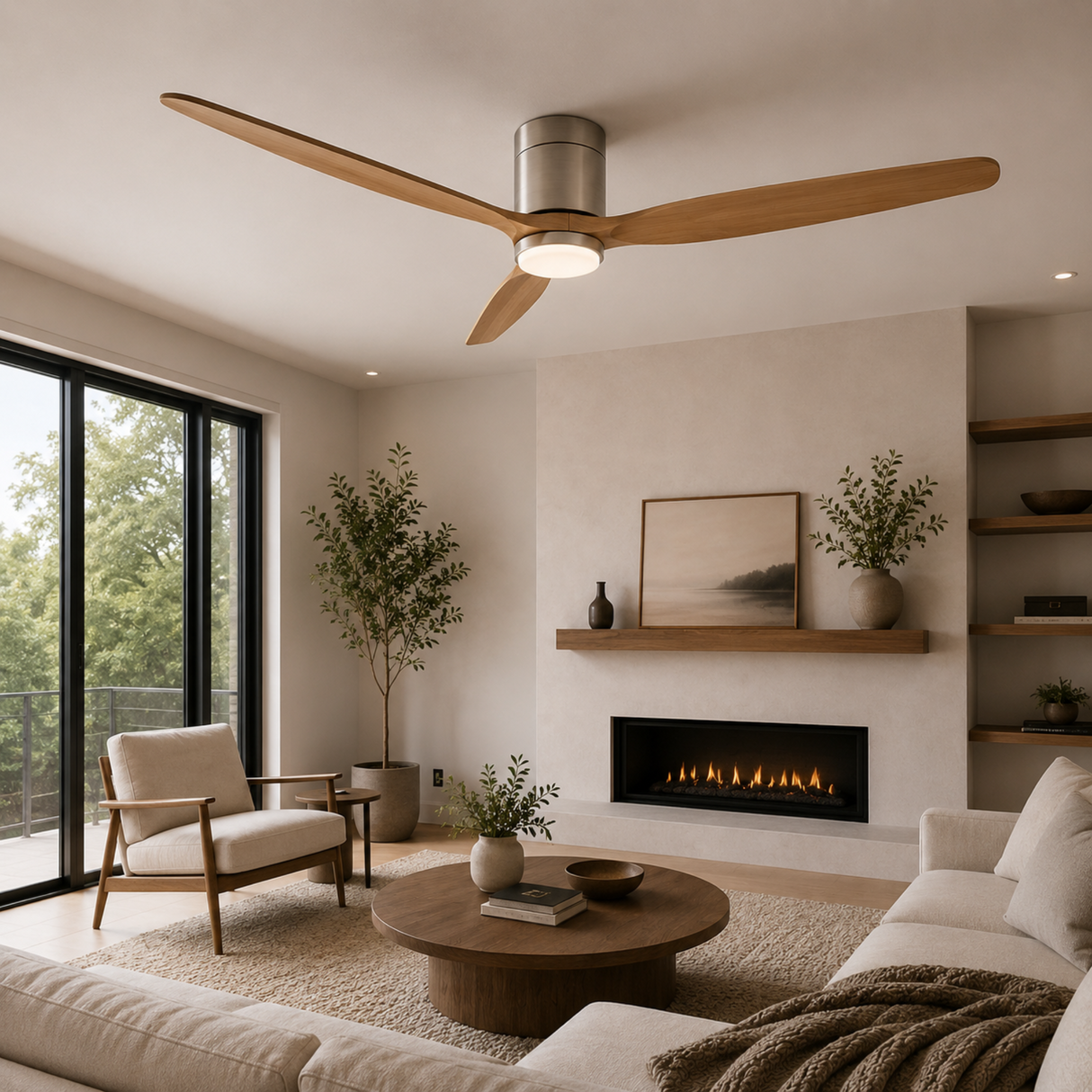 Modern living room with ceiling fan, fireplace, and decor elements.