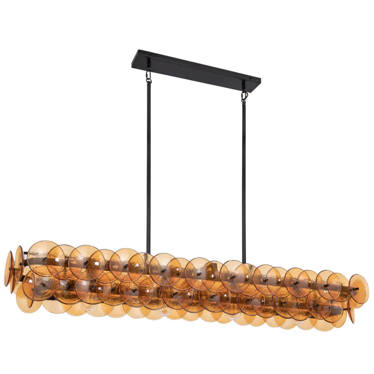 Chandelier with amber glass discs and black metal fixture on a white background