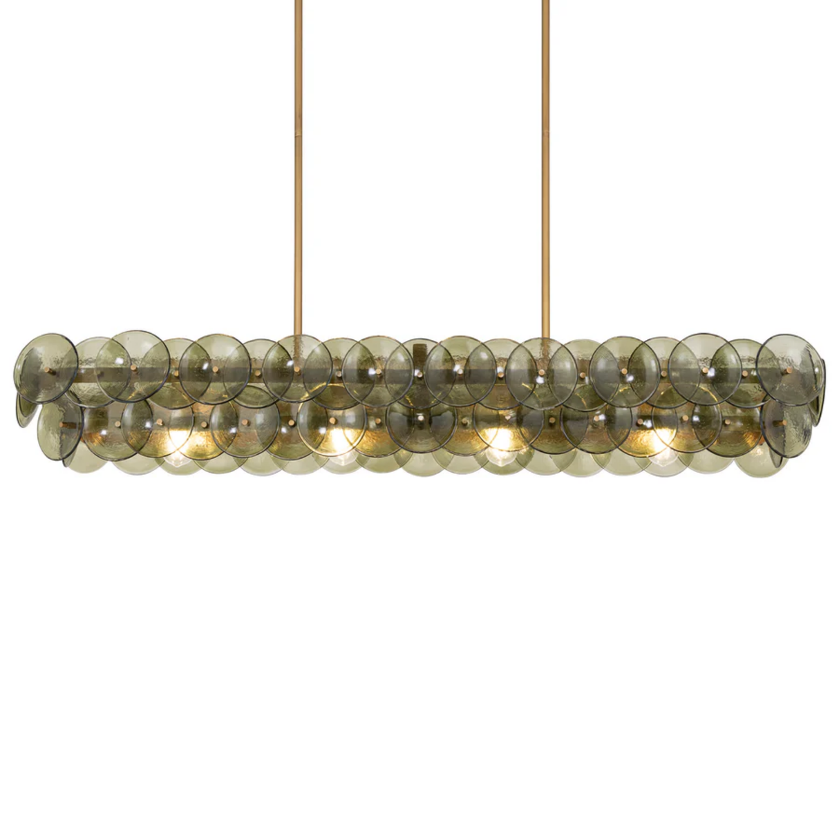 Round pendant light with glass disc shades on a white background