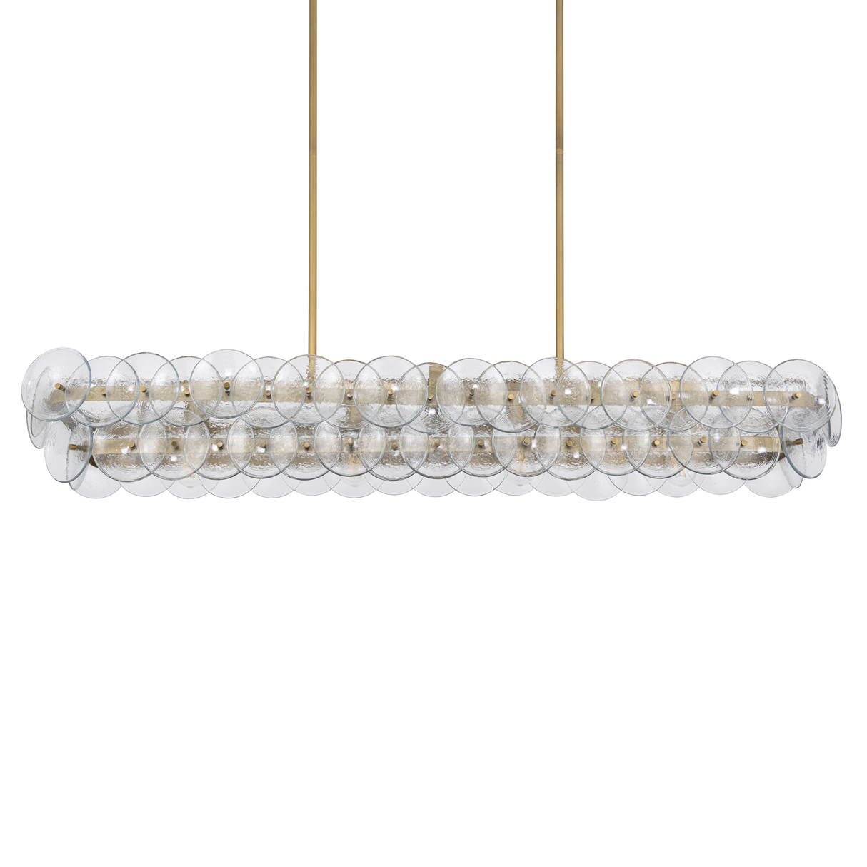 Modern pendant light with clear glass bubbles and gold accents on a white background