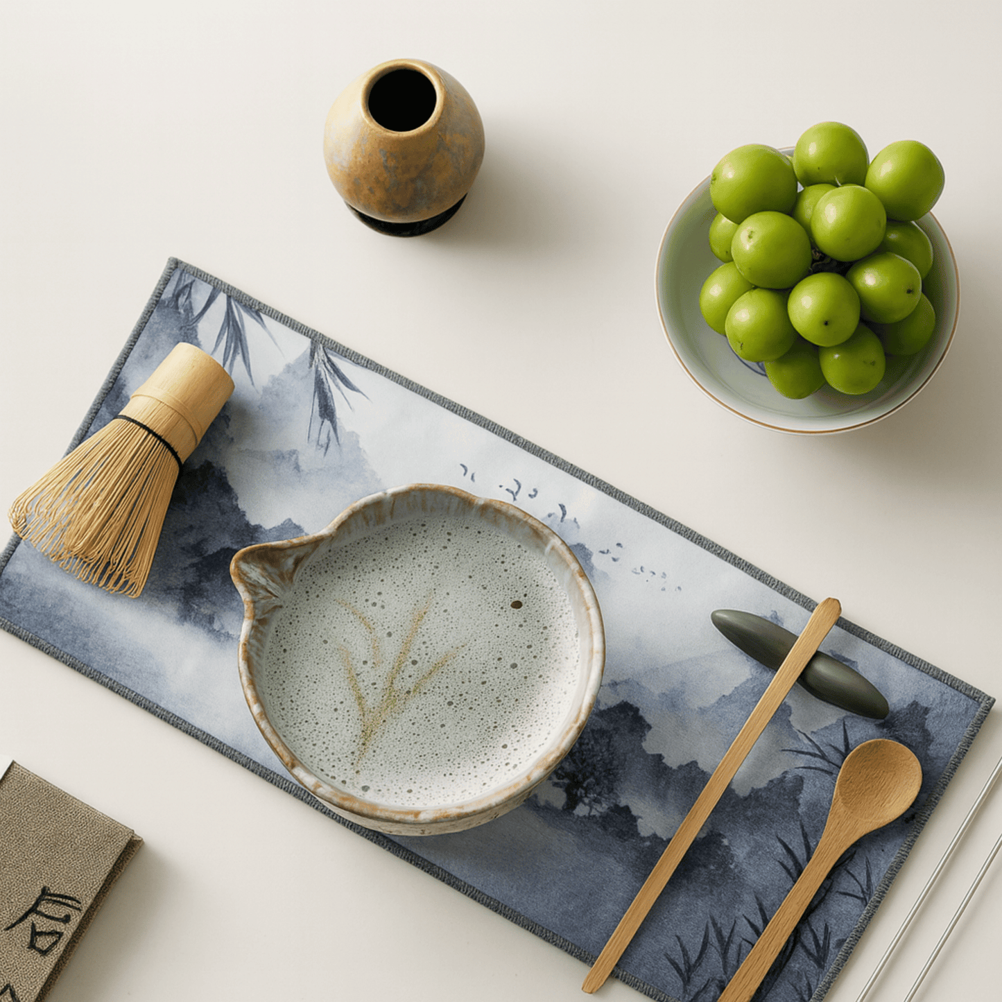 Ceramic bowl with wooden tools on a decorative mat with grapes in the background