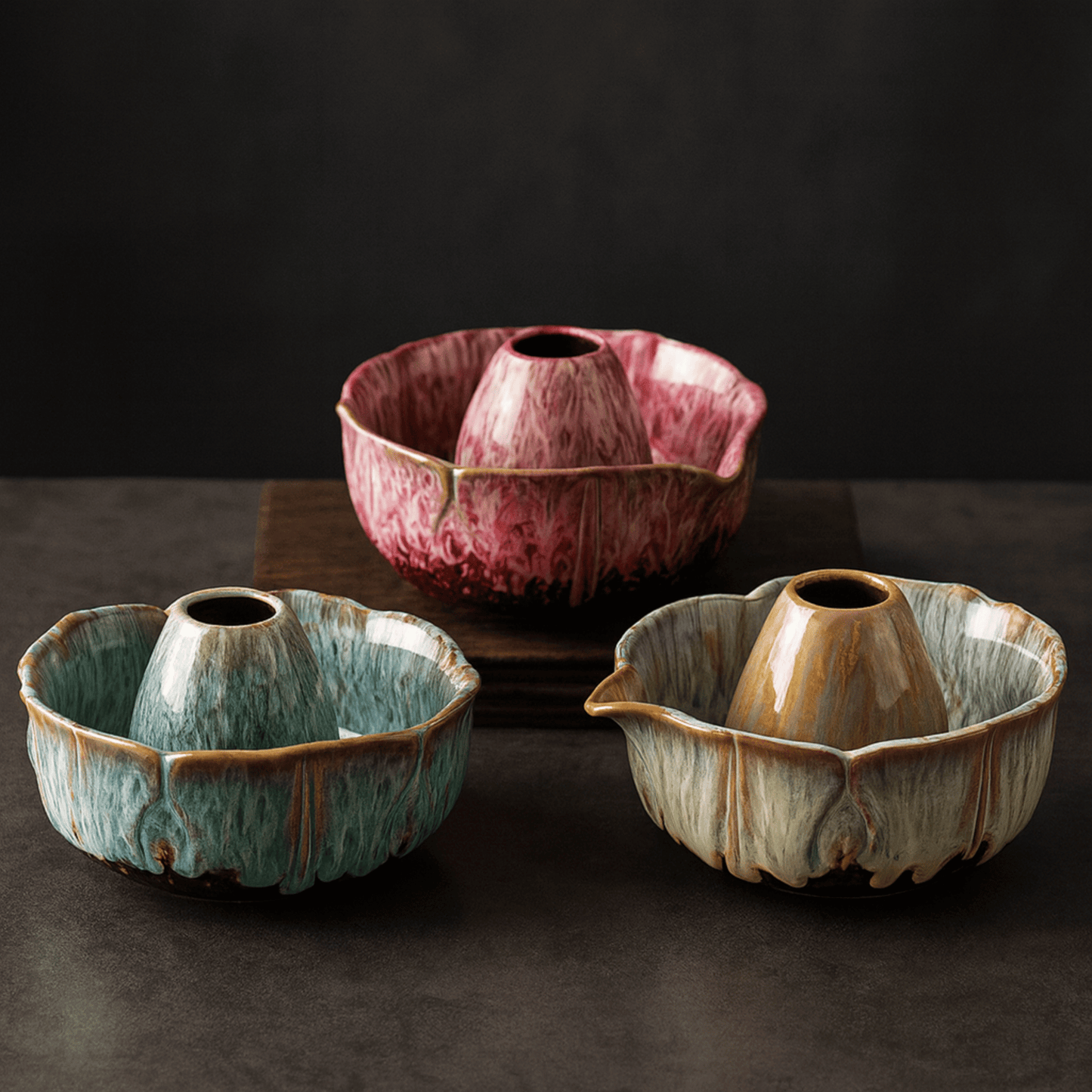 Three ceramic bowls with textured surfaces on a dark background