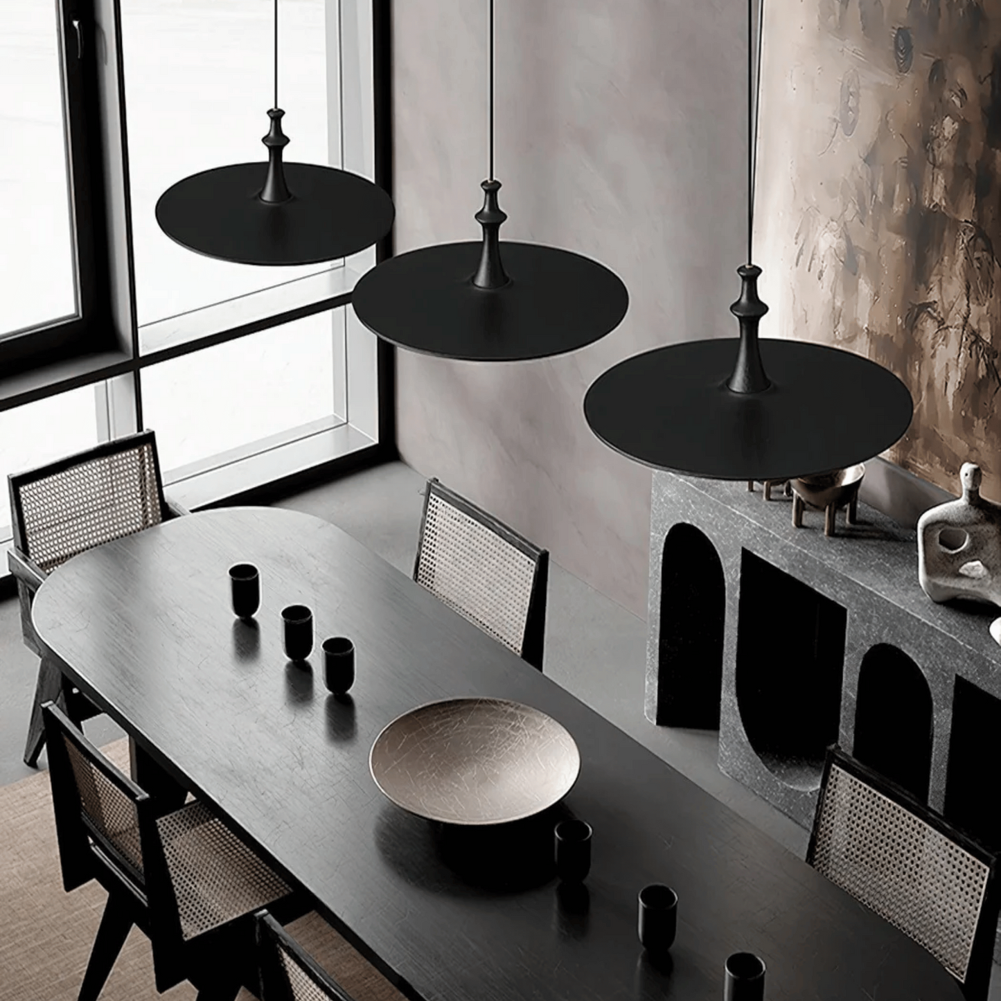 Black Solid Wood Pendant Light – Minimalist Flying Saucer Design for Kitchen and Home, LED Compatible Hanging Lights