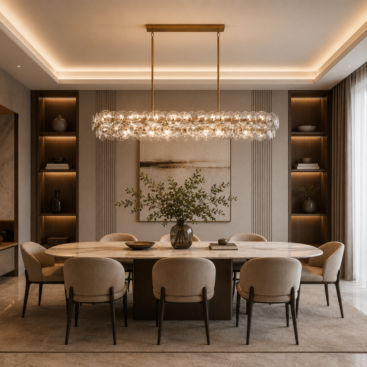 Modern dining room with a chandelier, table, and chairs.