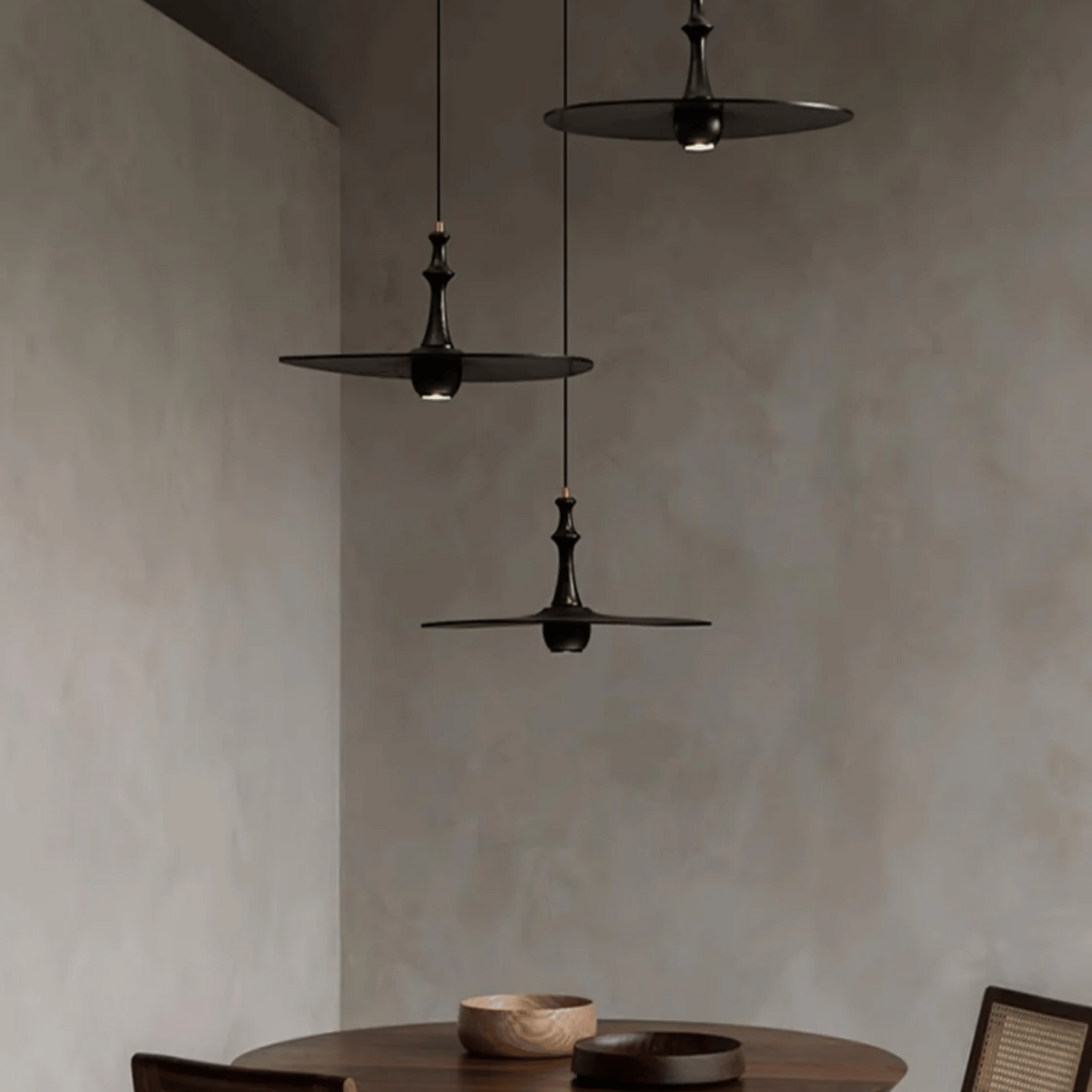 Black Solid Wood Pendant Light – Minimalist Flying Saucer Design in Dinning Room