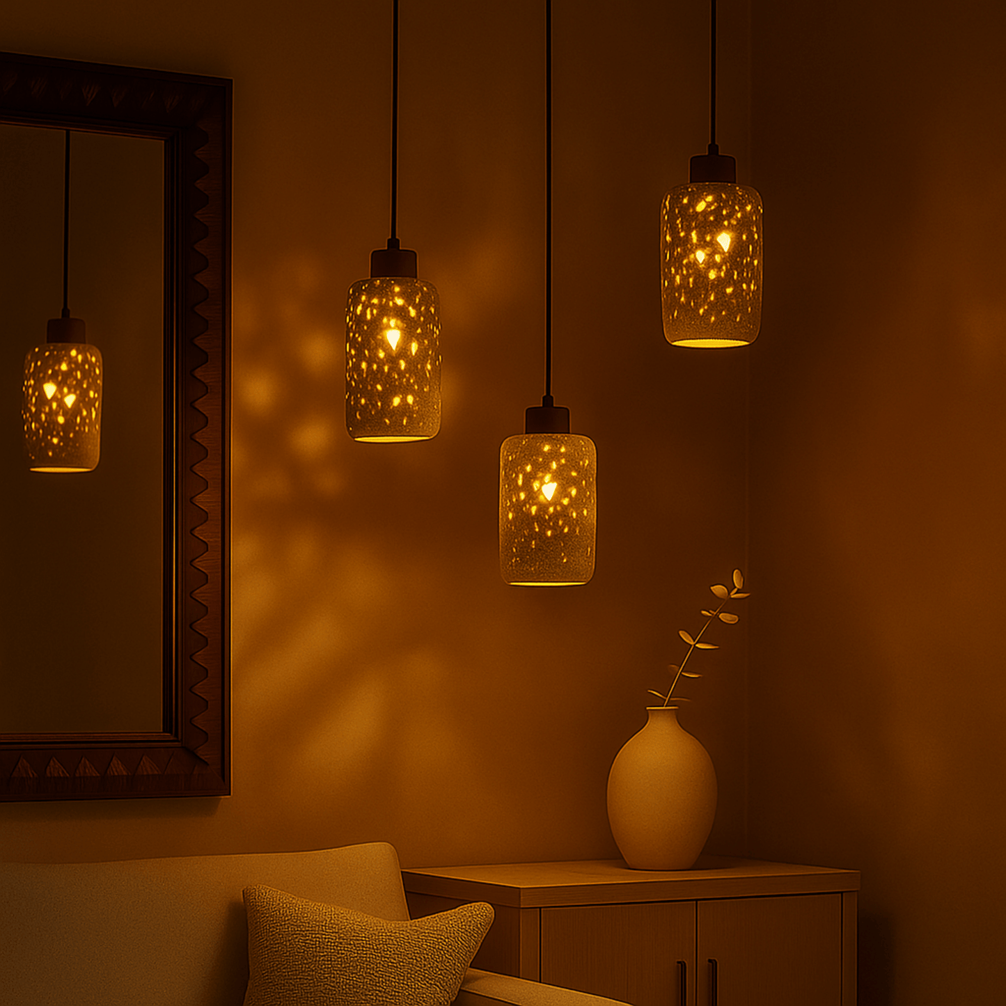 Decorative pendant lights casting warm shadows on a wall with a vase and mirror.