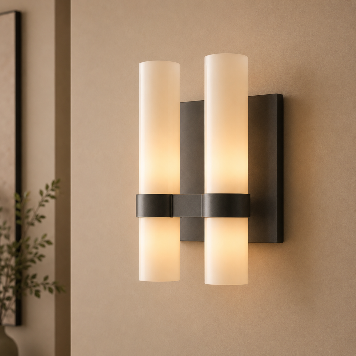 Wall-mounted light fixture with two cylindrical lights on a beige wall.
