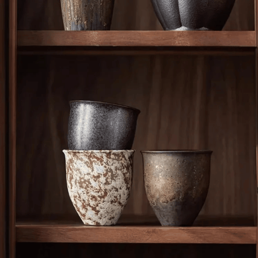 Three ceramic cups on a wooden shelf with a dark background