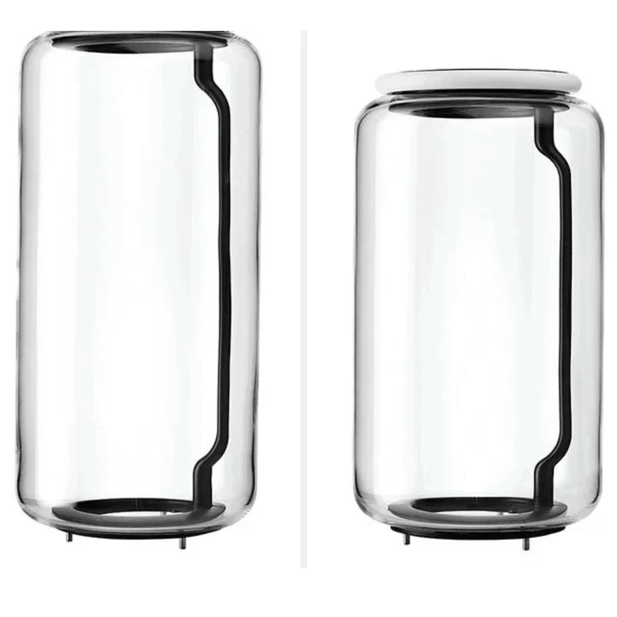 Two clear glass jars with black bases on a white background