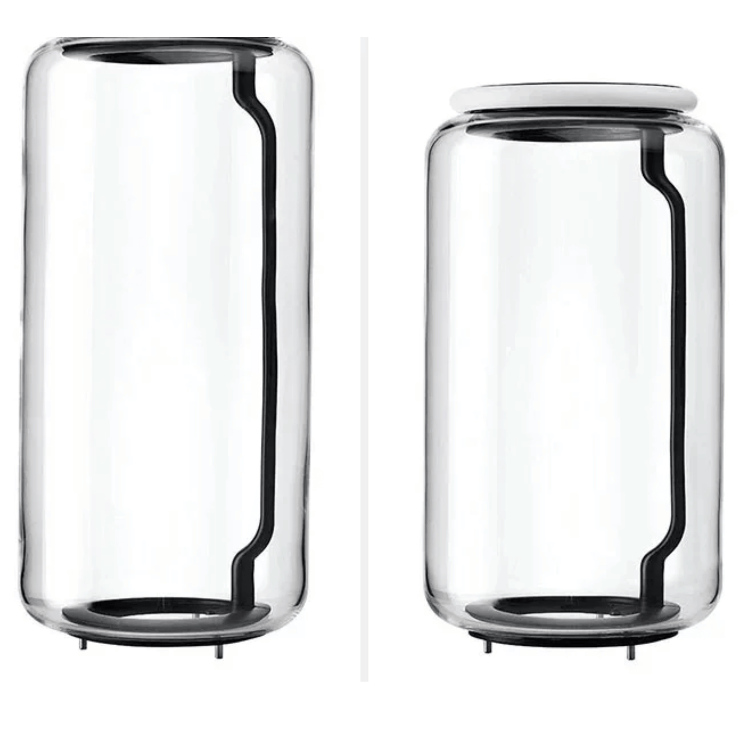 Two clear glass jars with black bases on a white background