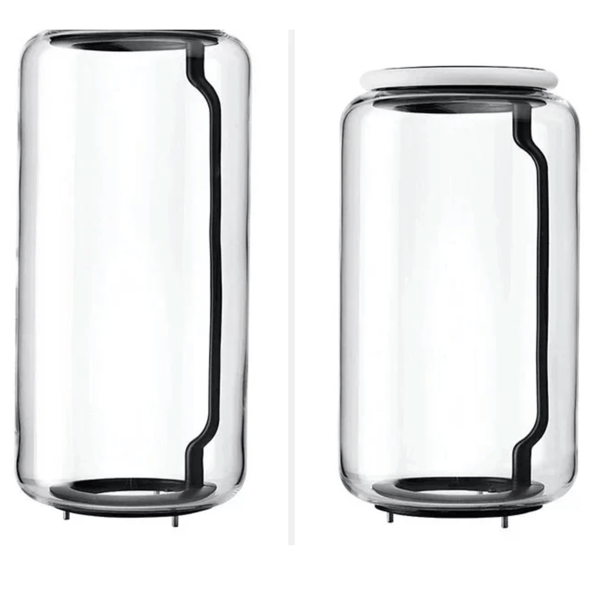 Two clear glass jars with black bases on a white background
