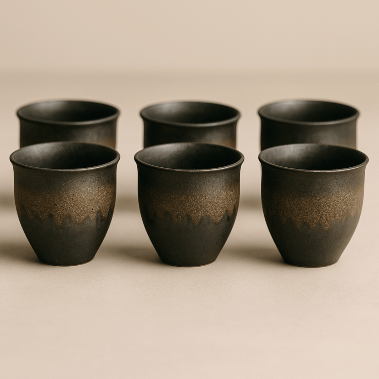 Set of six black ceramic cups on a beige background