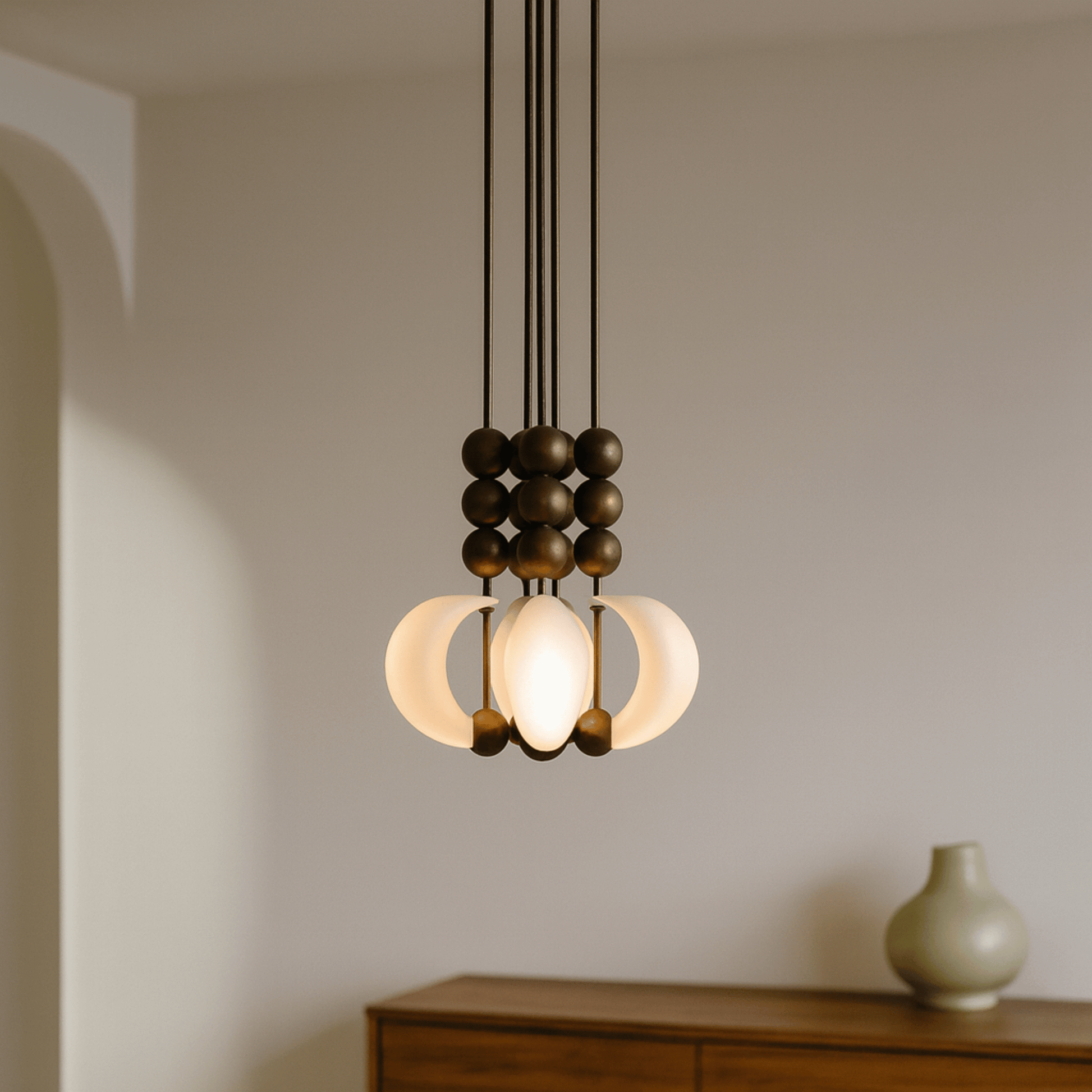 Modern pendant light with wooden beads hanging against a neutral wall.