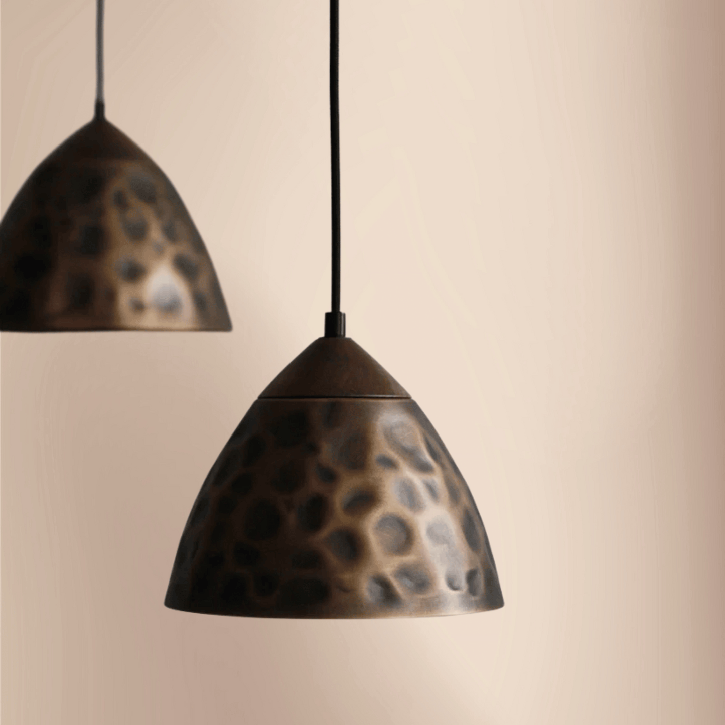 Close look at Elegant Vintage pendant light with copper finishes.