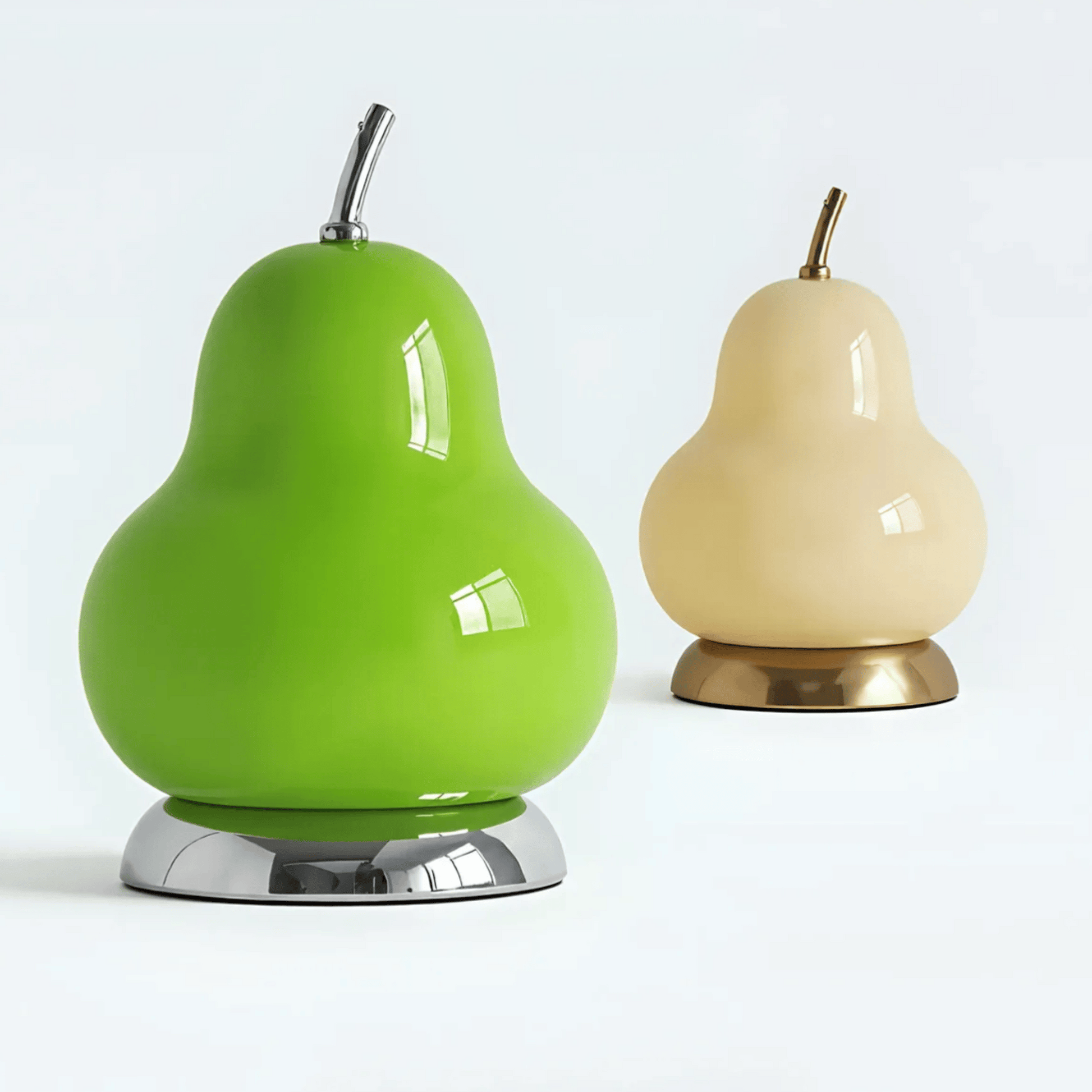 Two pear-shaped lamps, one green and one beige, on a light gray background.
