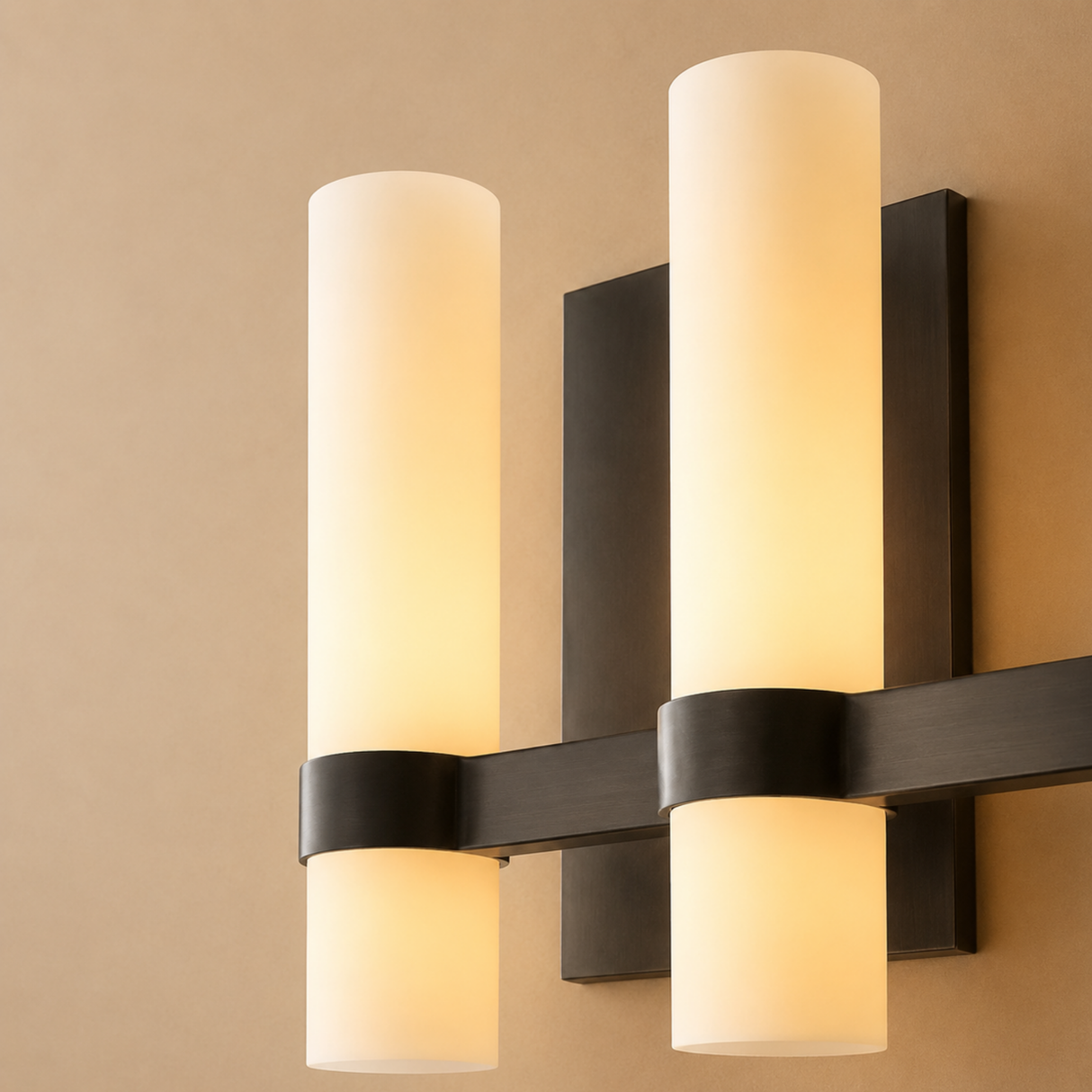 Modern wall sconce with three cylindrical lights on a beige wall.