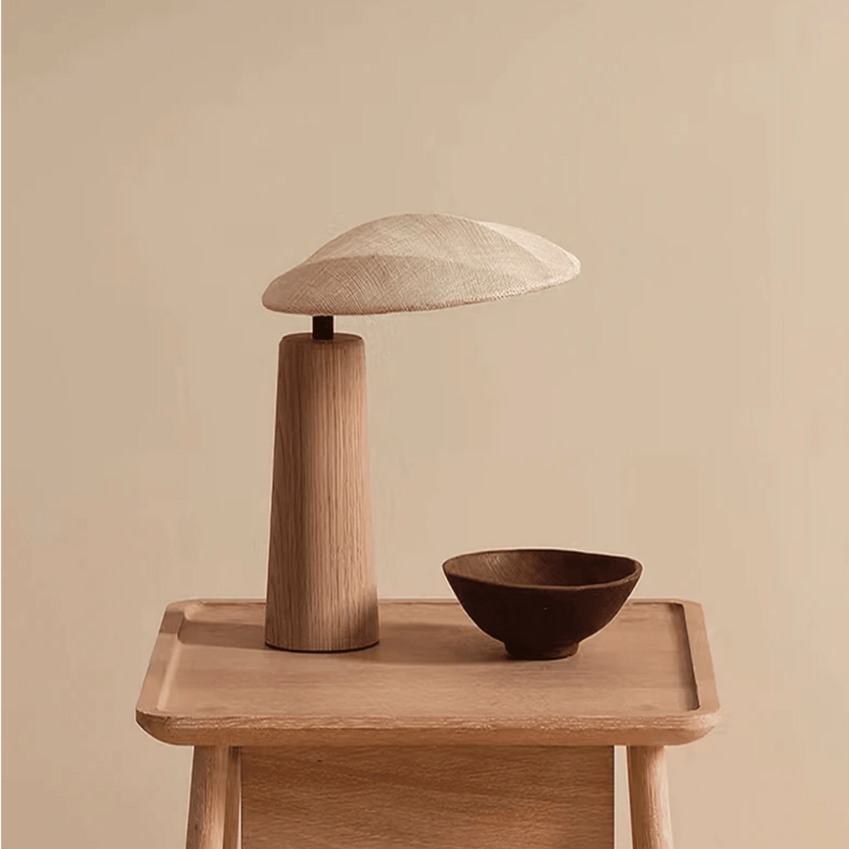 Vintage Solid Wood LED Table Lamp with Fabric Shade for Living Room and Study on a coffee table