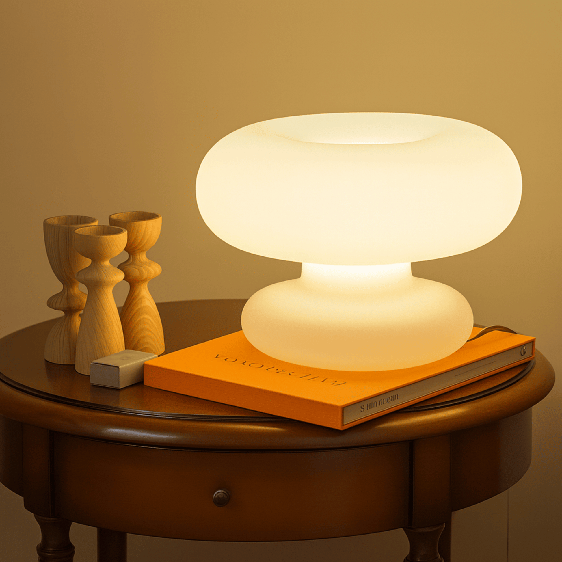 Table lamp on a wooden table with books and decorative items against a warm background