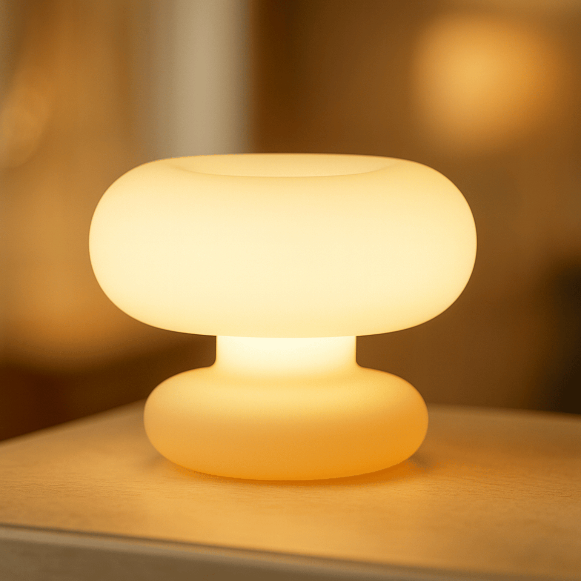 Round, glowing lamp on a wooden surface with a blurred warm background