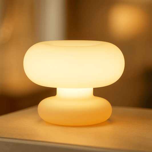 Round, glowing lamp on a wooden surface with a blurred warm background