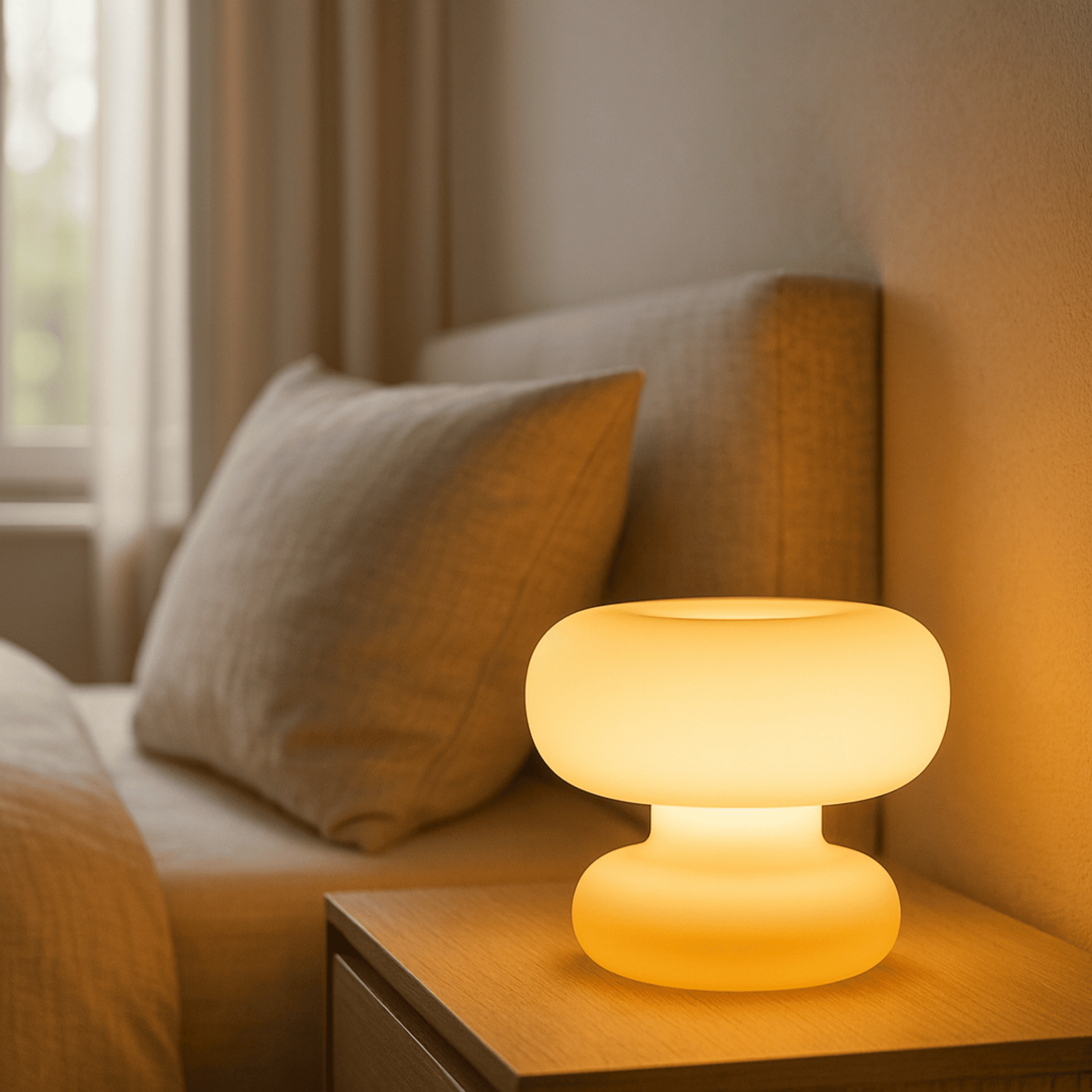 Futuristic table lamp on a wooden surface with a blurred sofa and window in the background