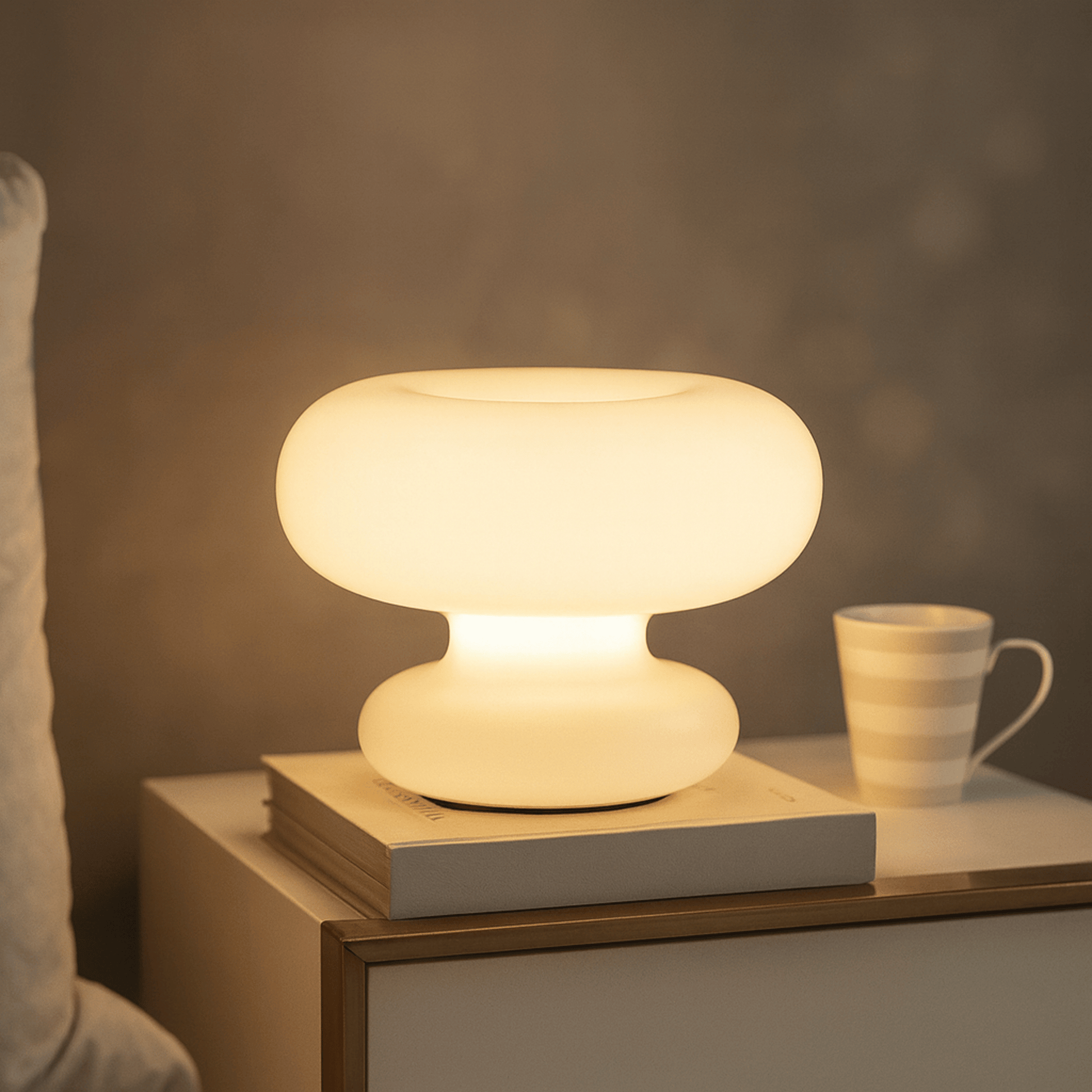 Table lamp on a nightstand with a cup in a cozy bedroom setting