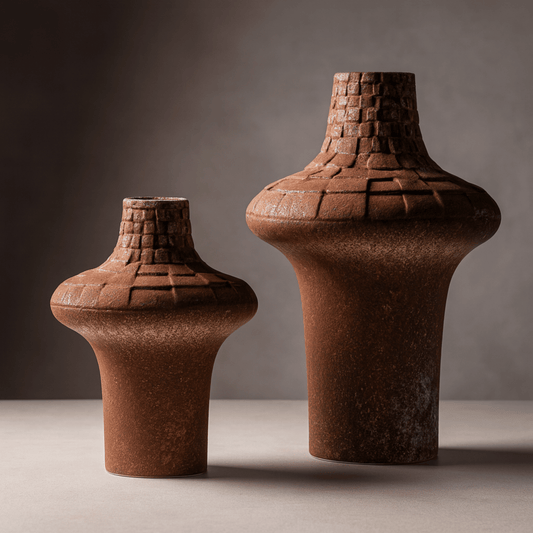 Two brown ceramic vases with textured surfaces on a neutral background