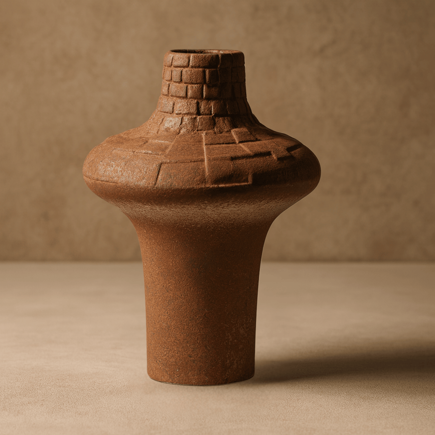 Brown ceramic vase with textured design on a beige background