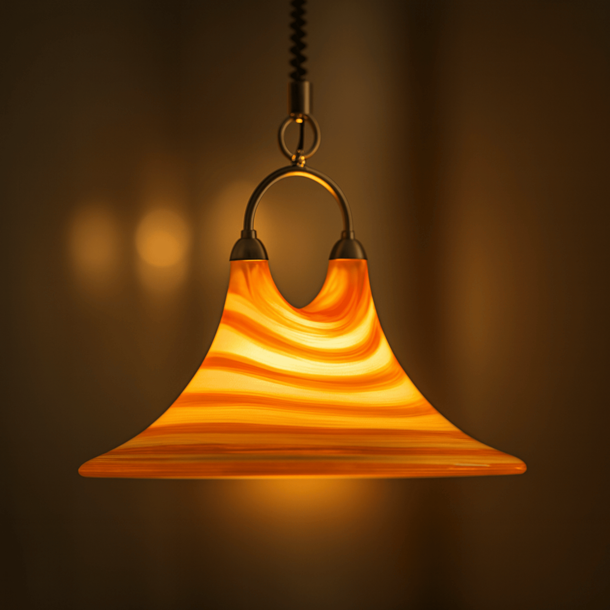 Ornate pendant light with a warm glow against a dark background