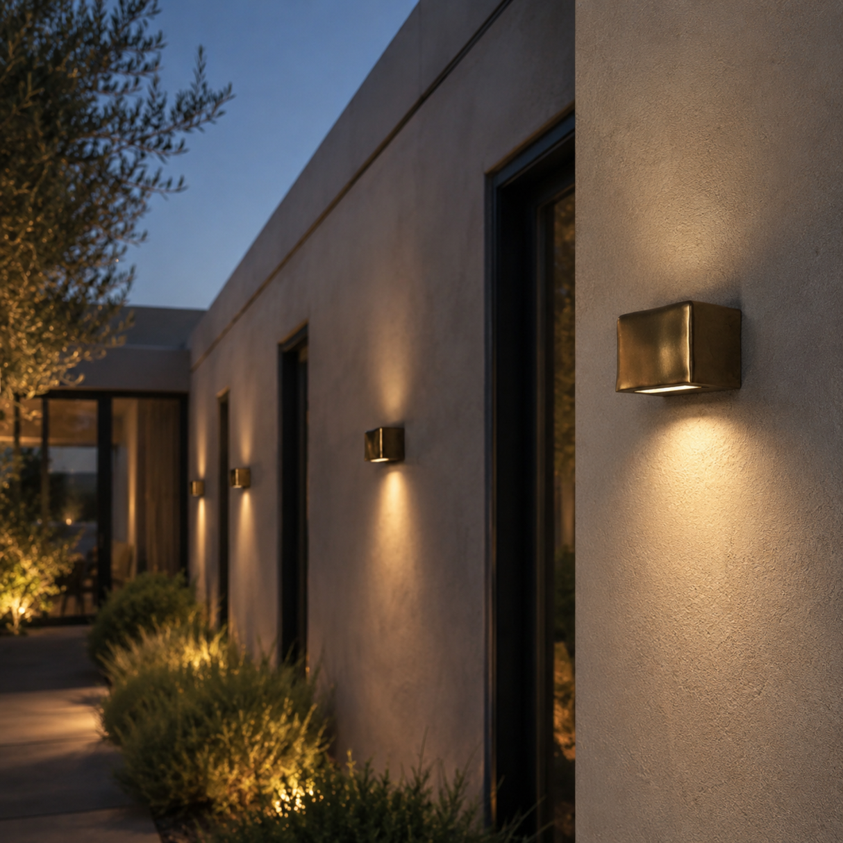 A modern square wall-mounted outdoor light fixture in a brushed brass finish, illuminated and mounted on a stucco house exterior at dusk.