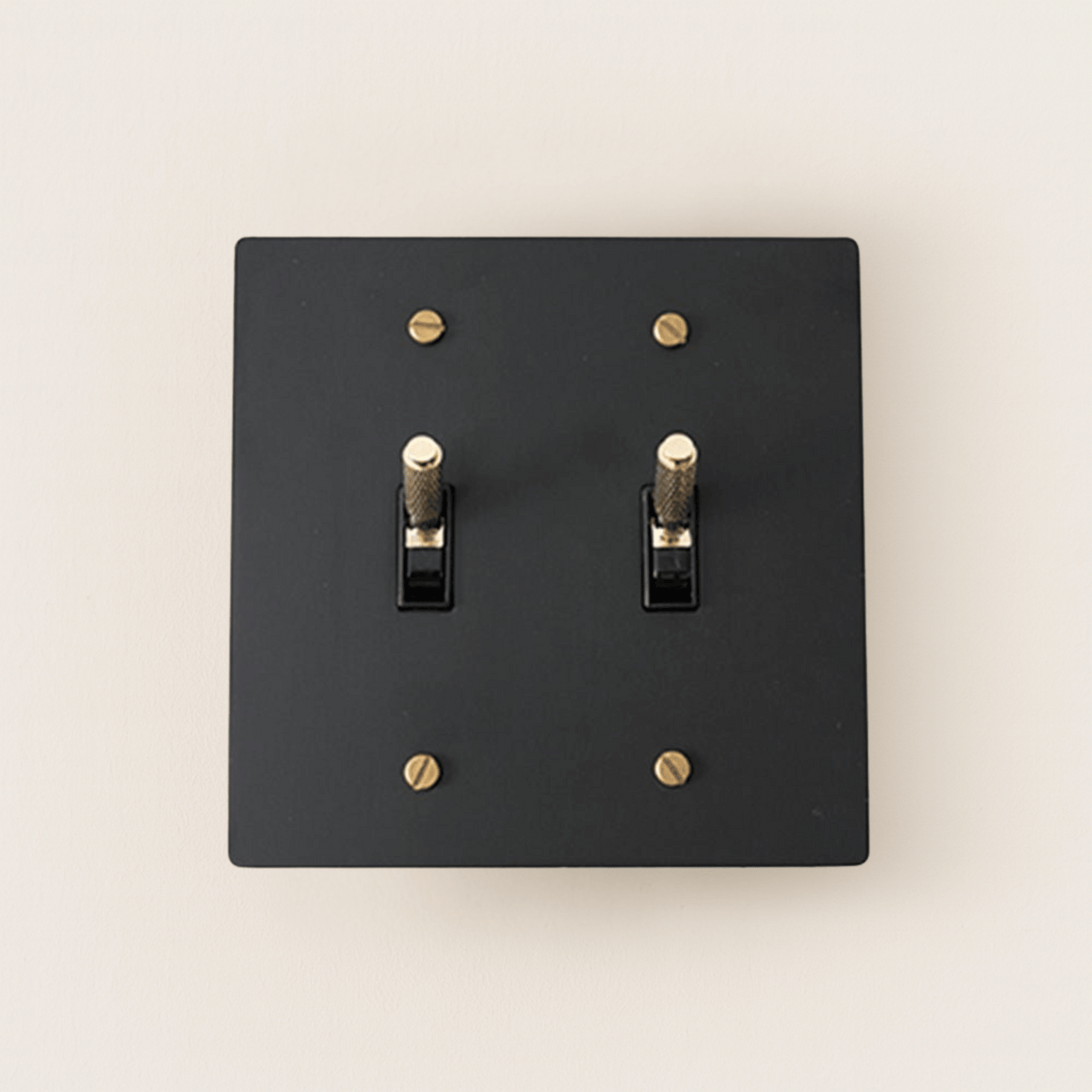 Black switch plate with gold screws on a beige background