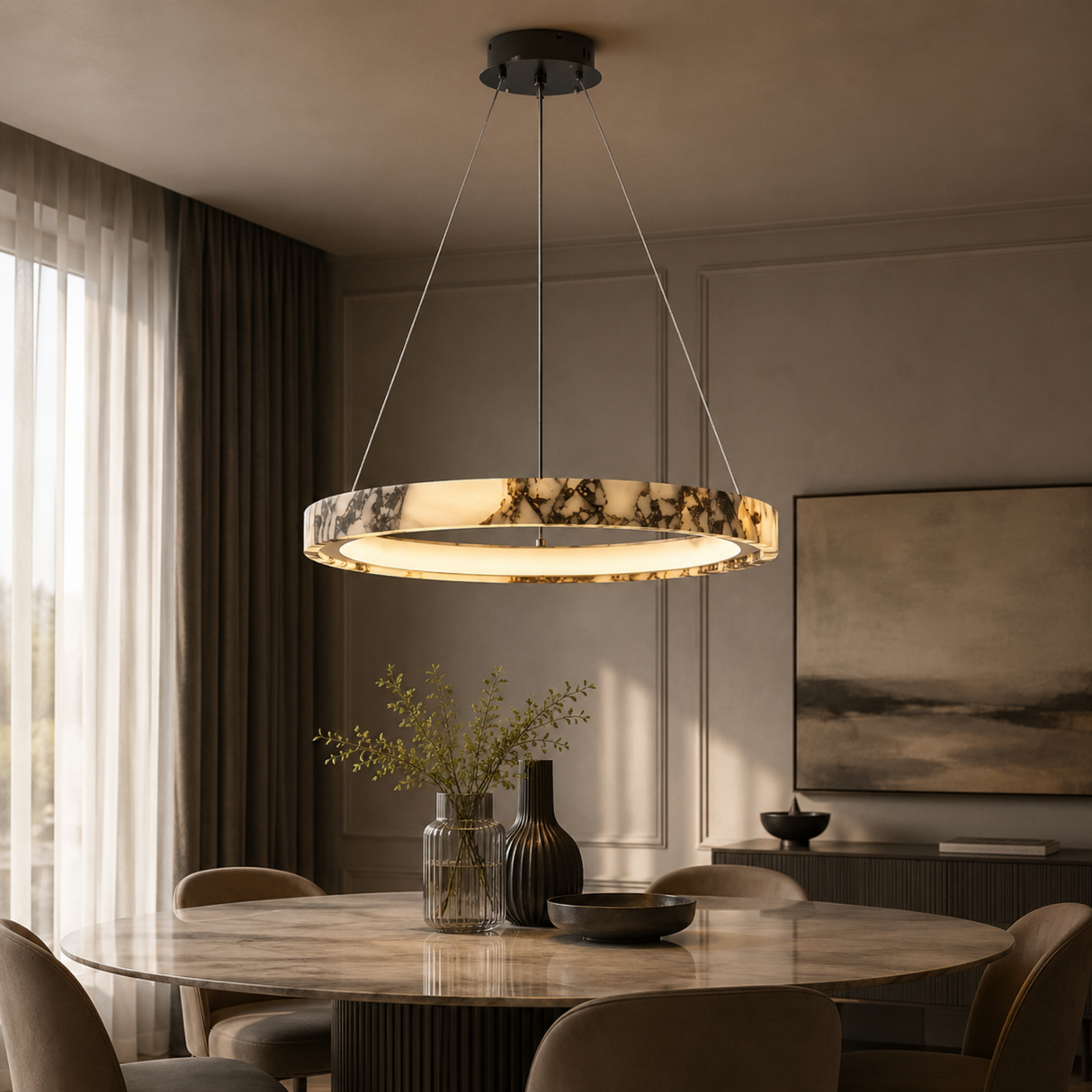 Modern dining room with a stylish pendant light fixture.