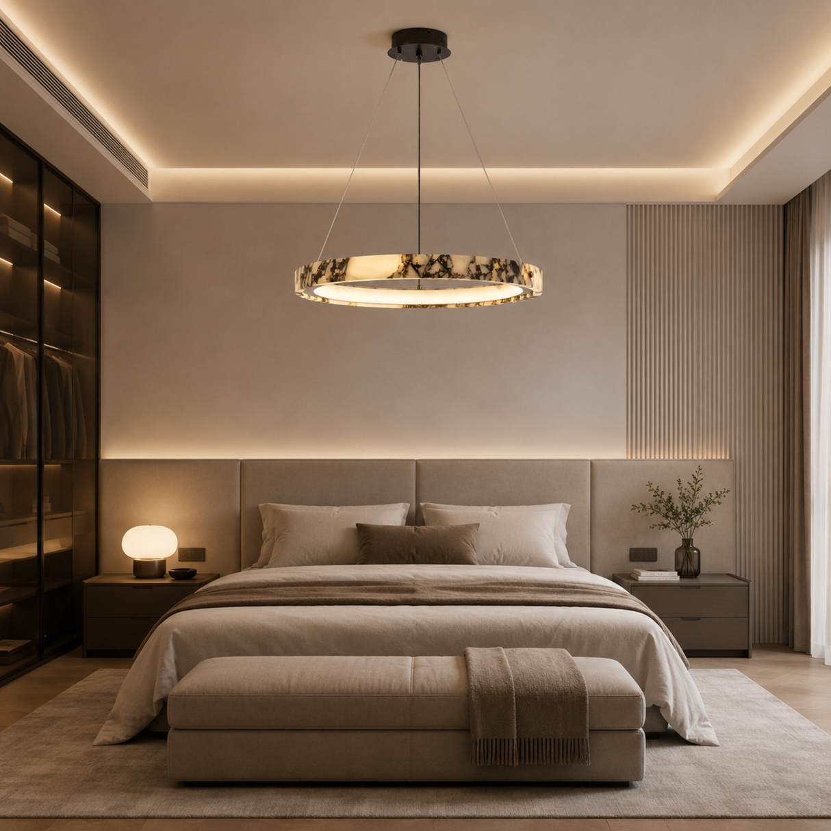 Modern bedroom with a large bed, nightstands, and a chandelier.