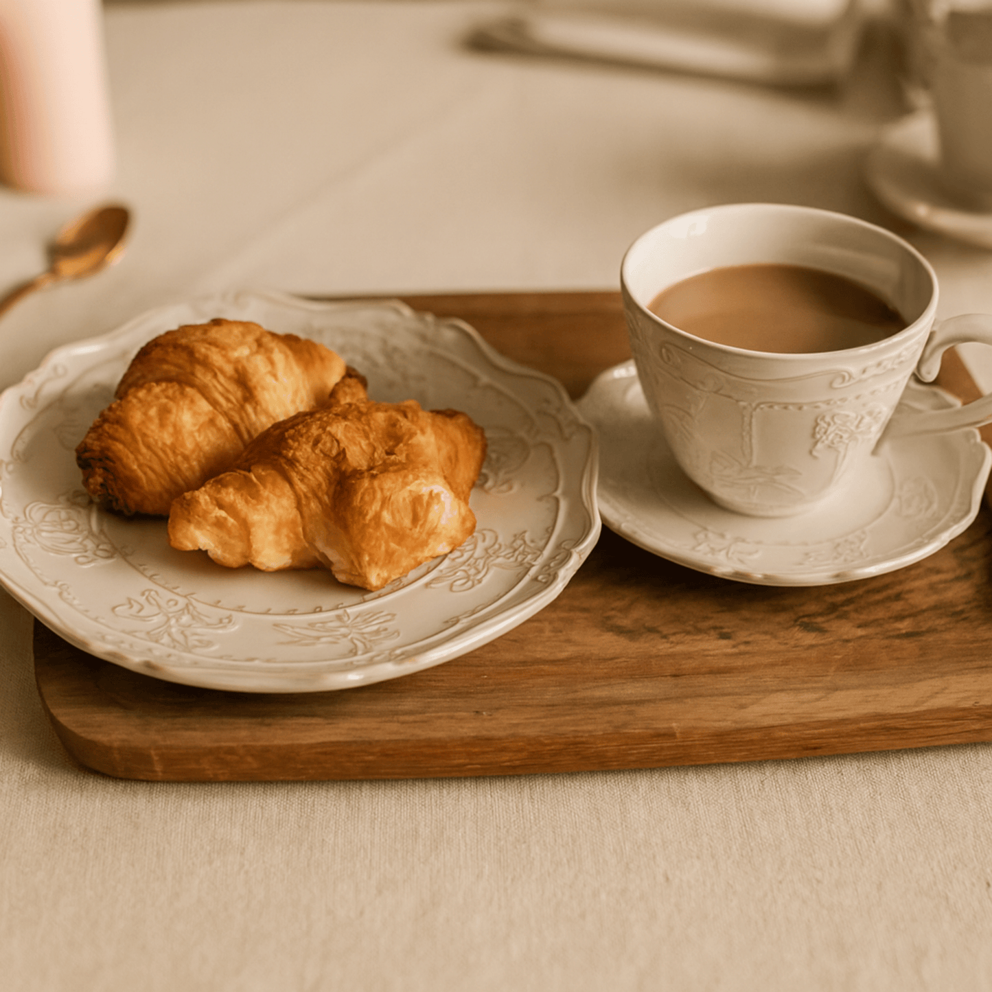 White cup of coffee with a plate of croissants on a wooden tray.
