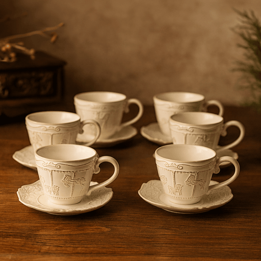 Set of ceramic cups and saucers on a wooden surface with a warm, sepia-toned filter.