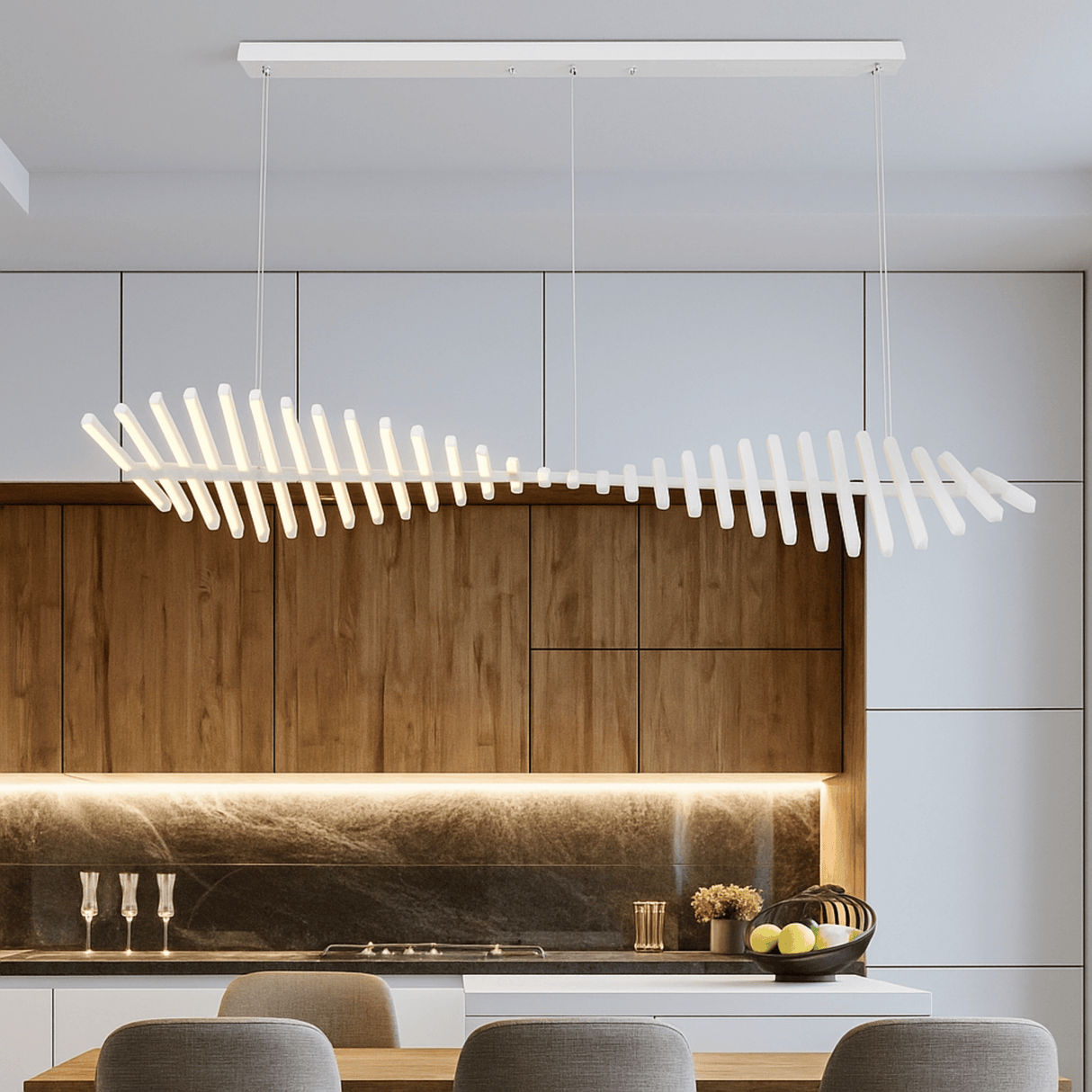 Modern kitchen with a unique pendant light fixture.