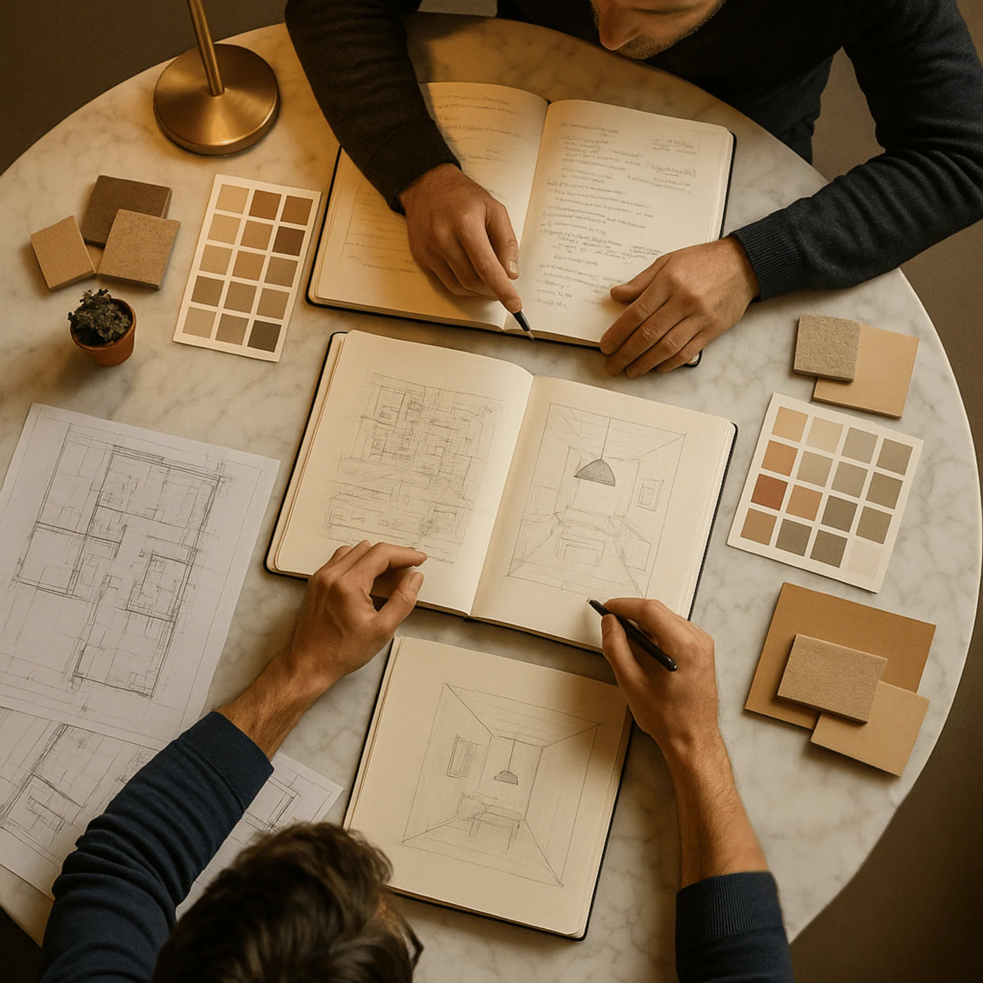 Two people working on architectural drawings in notebooks at a round table.
