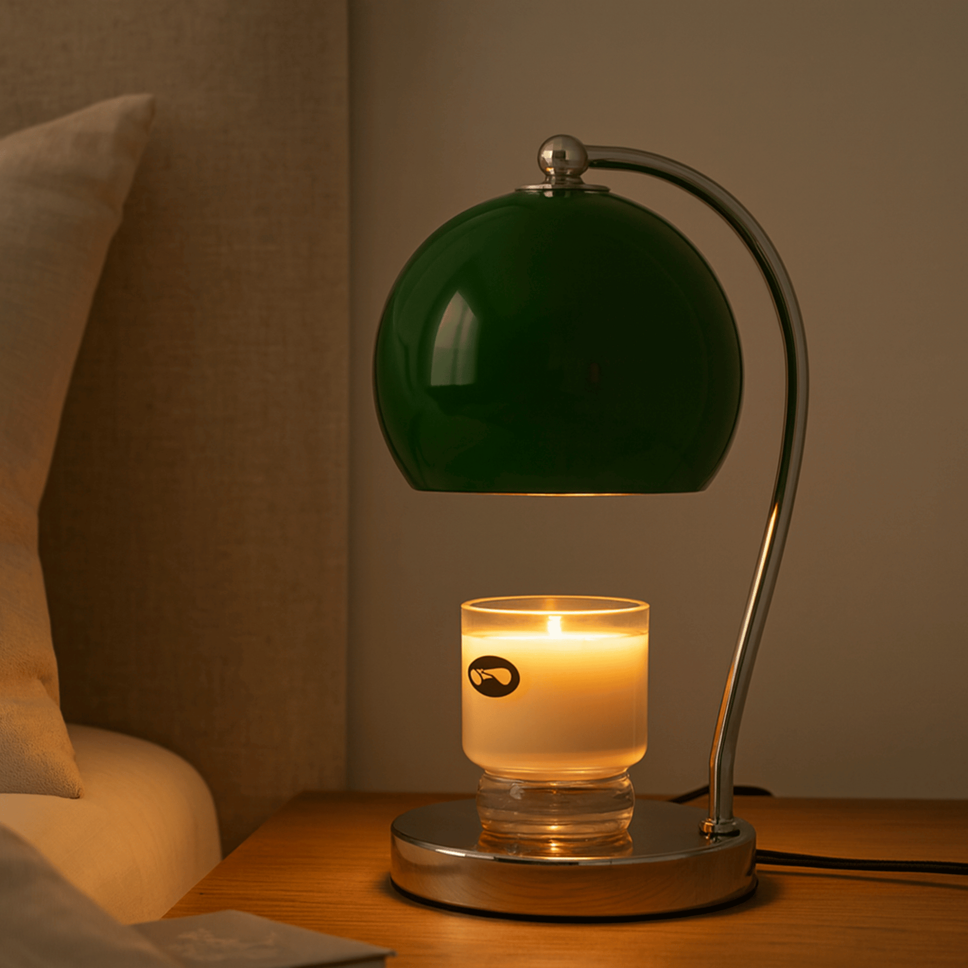 Green lamp with a lit candle on a wooden surface in a cozy room.
