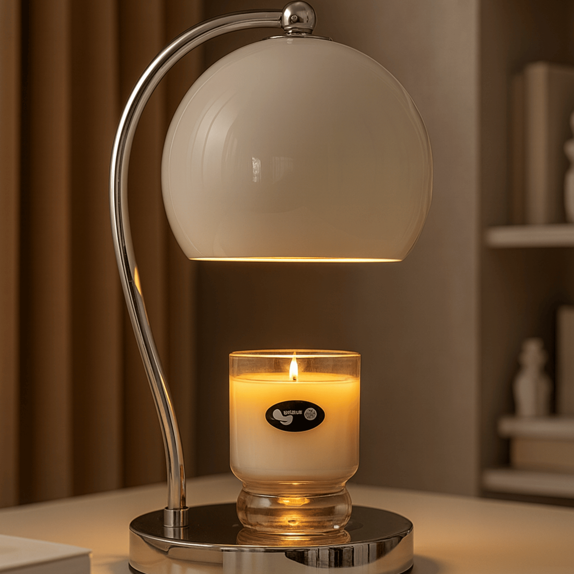 Table lamp with a lit candle inside, placed on a surface with a blurred background.