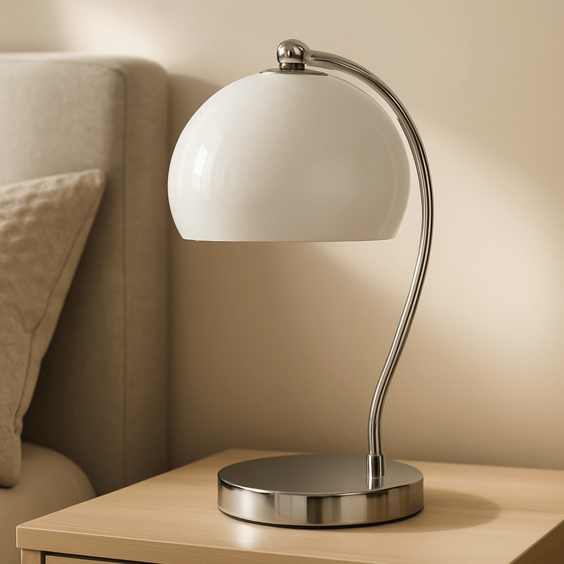 Table lamp with white shade and metal base on a wooden surface.