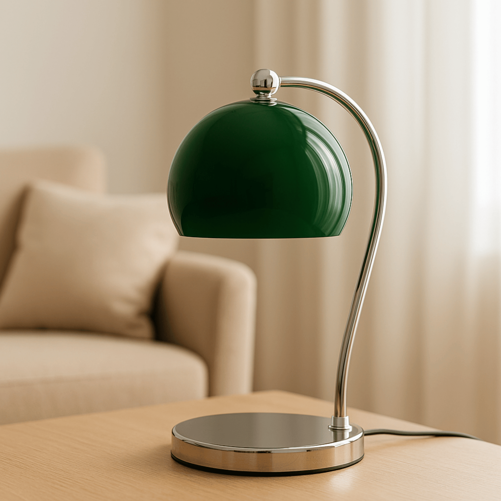 Green table lamp on a wooden surface with a beige sofa in the background