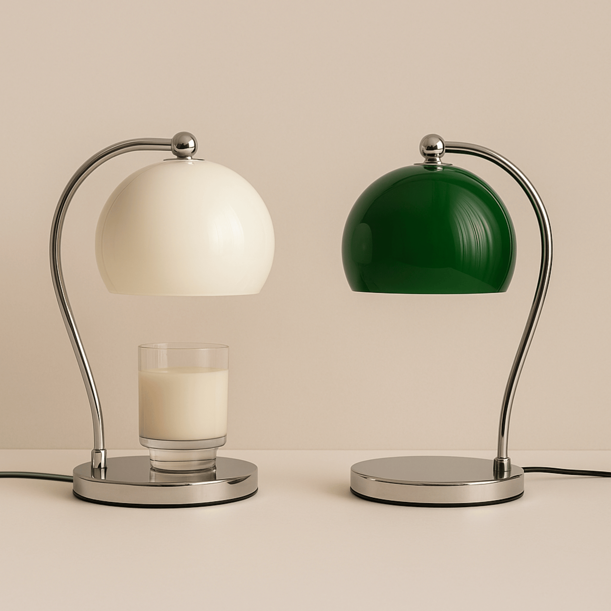 Two table lamps with white and green shades on a beige background
