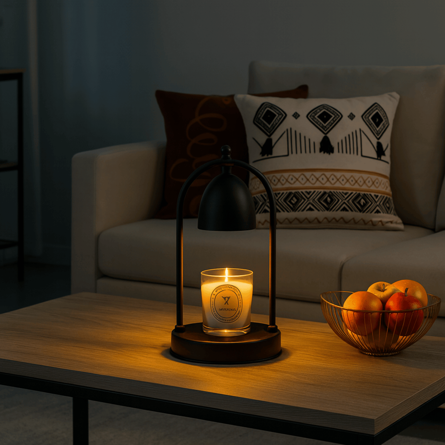 Candle in a lantern on a table with a bowl of oranges in a dimly lit room.