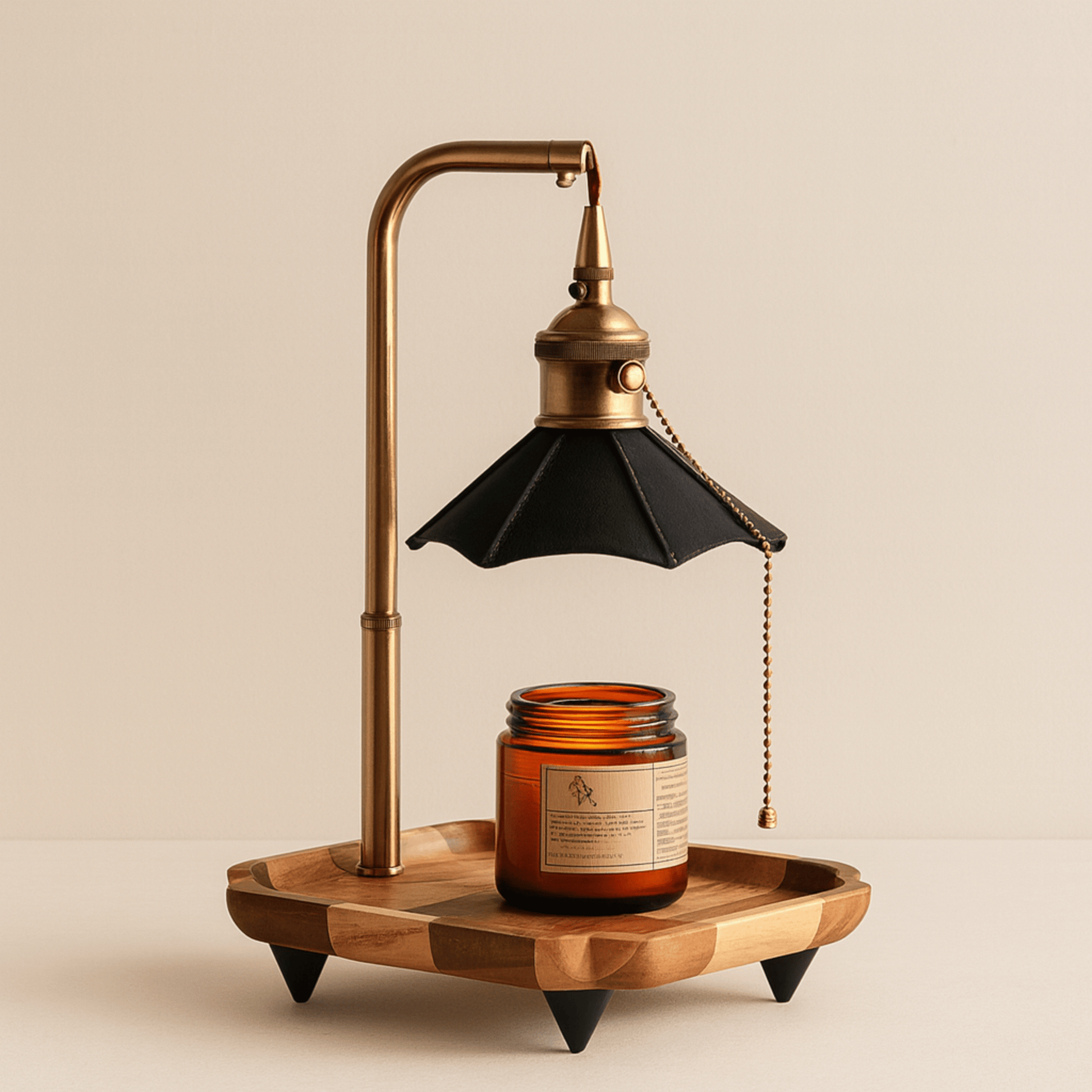Decorative lamp with wooden base and brass arm holding a black shade, featuring a candle on a beige background.