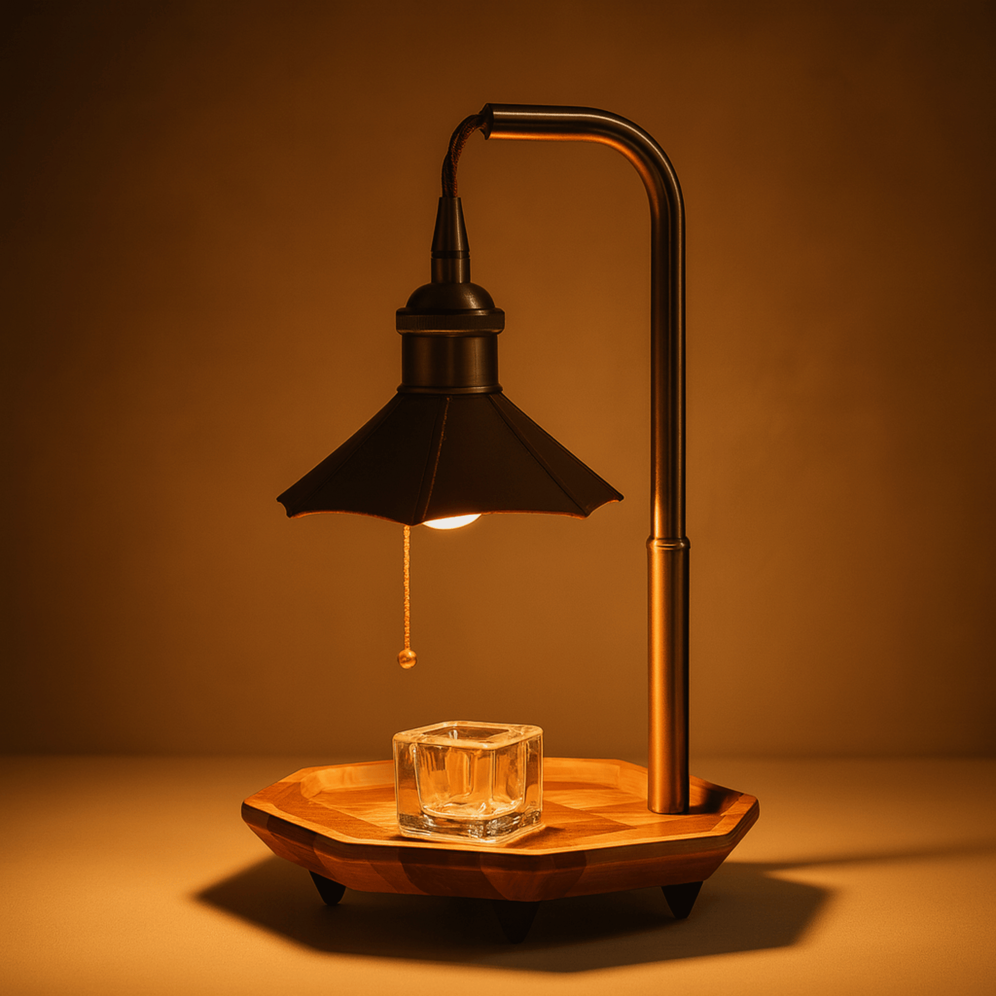 Vintage-style lamp with a glass container on a wooden base against a brown background