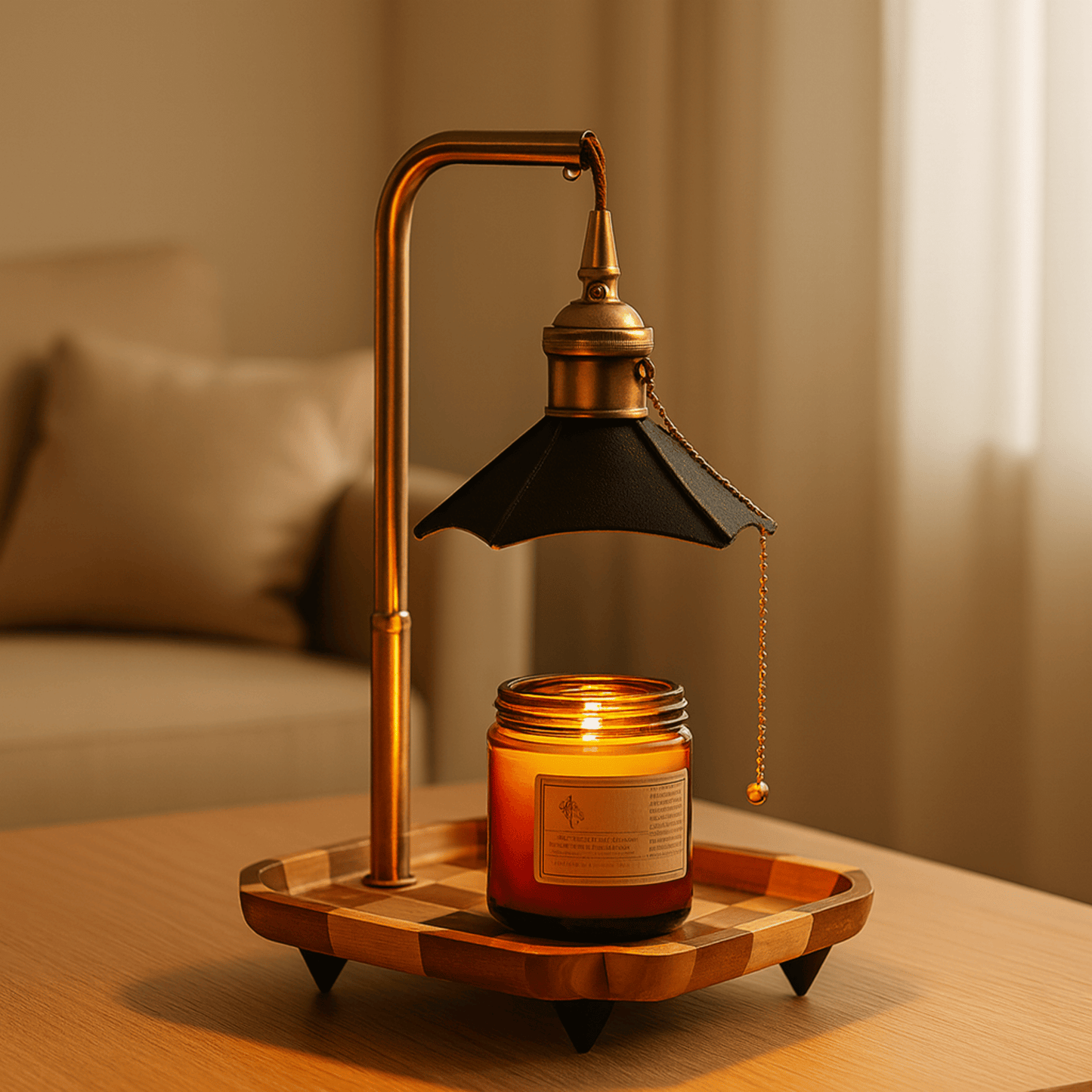 Decorative candle holder with a lit candle on a wooden stand in a cozy room.