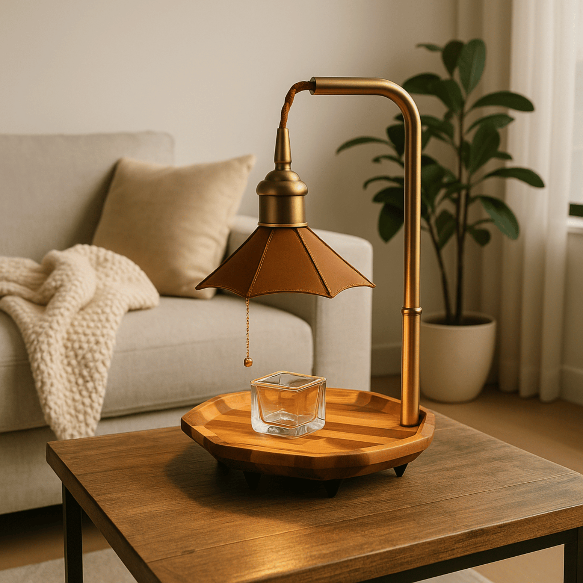 Decorative lamp with wooden base on a coffee table in a living room setting