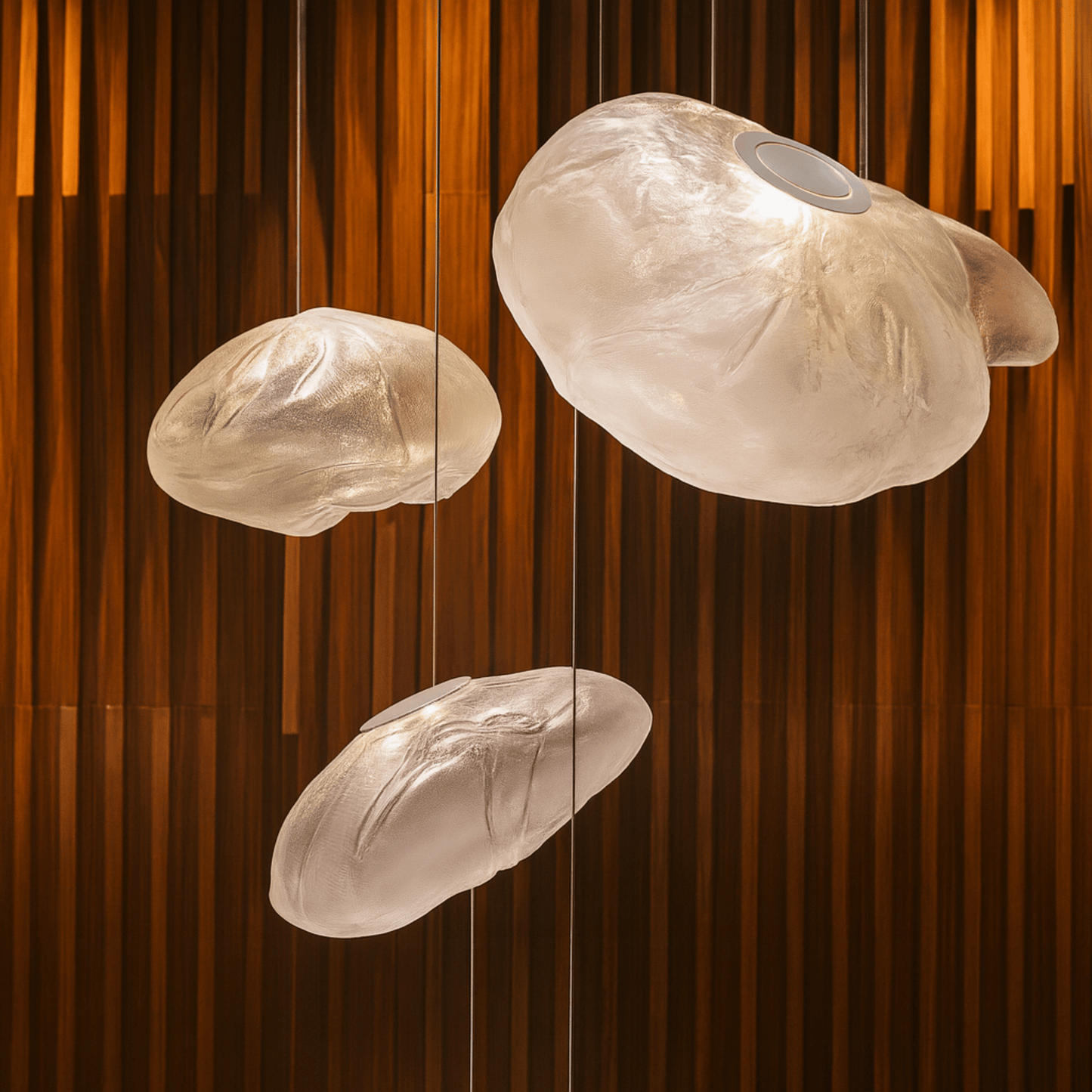 Three cloud-shaped pendant lights hanging against a wooden panel background