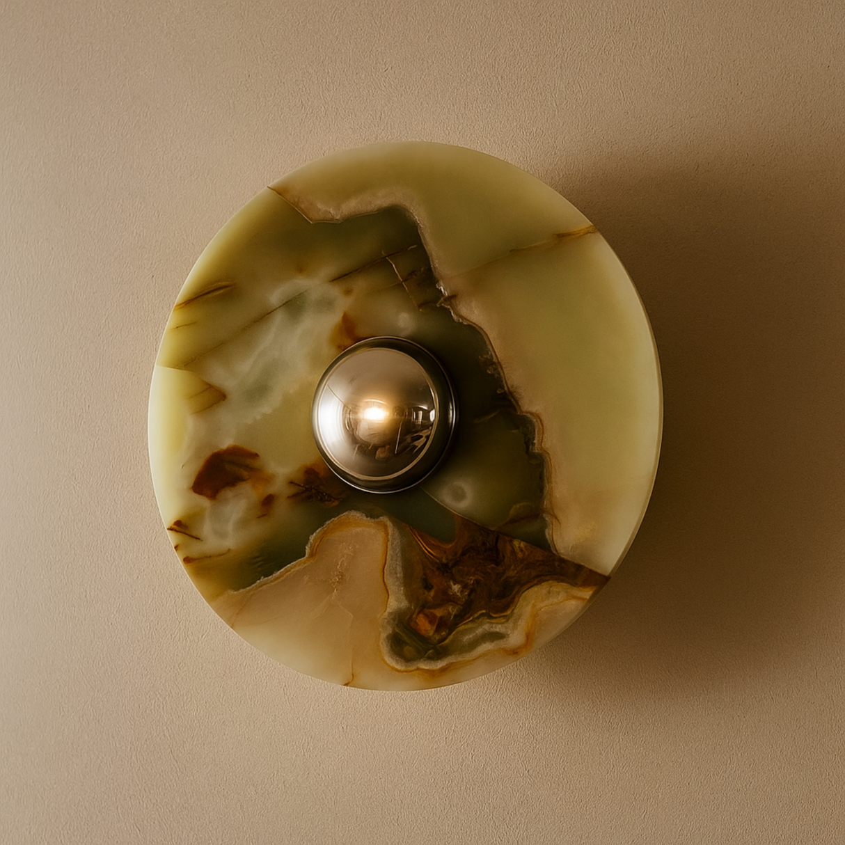 Decorative wall light fixture with a marbled design on a beige background